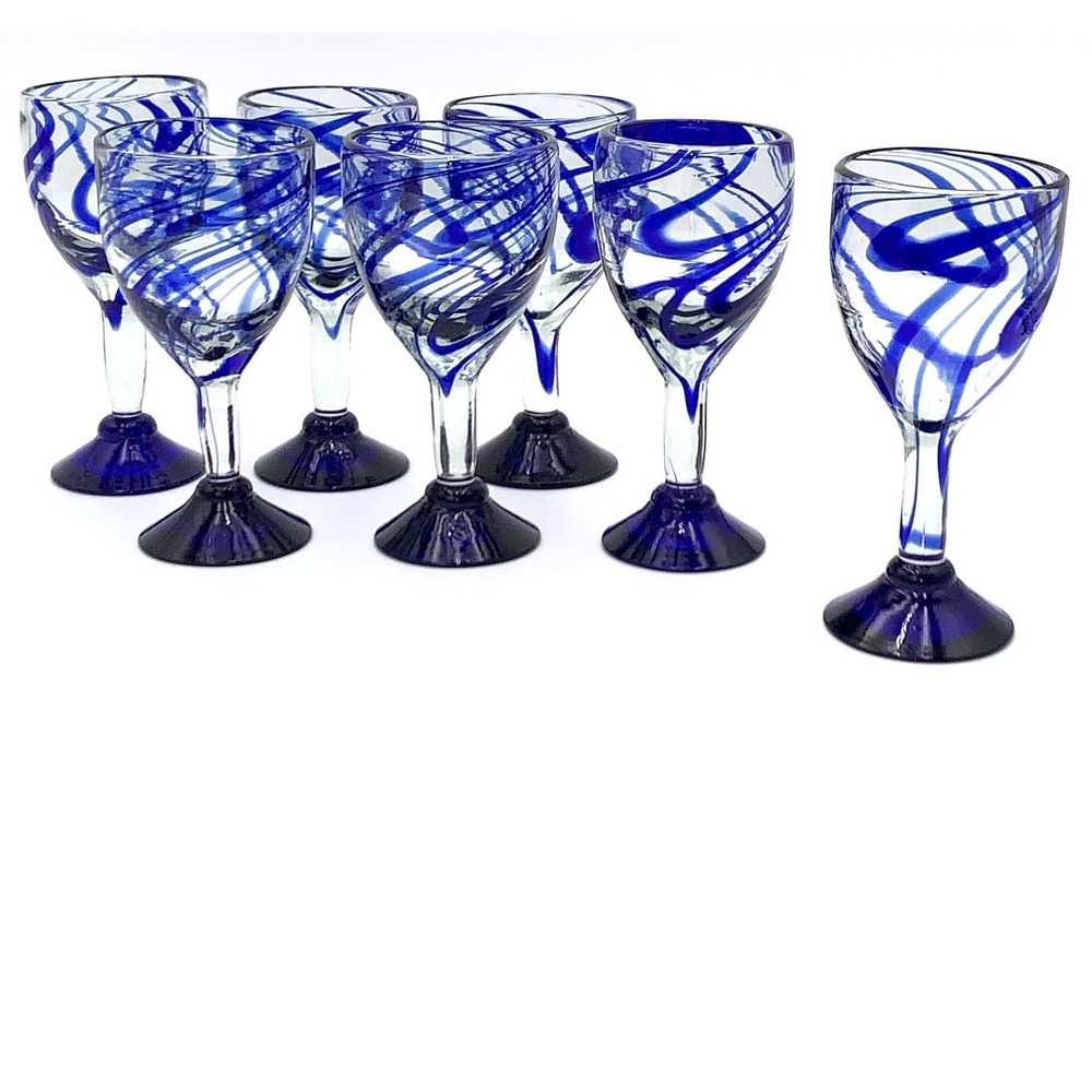 7 Mexican Blown Recycled Glass Cobalt Blue Swirl 7" Wine Drink Goblet Mexico Vtg